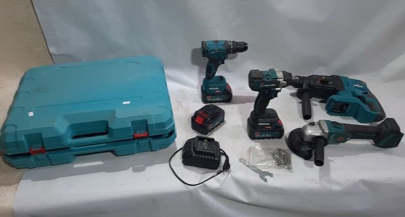 Kit 4 Herramientas a Batería Brushless 21V: Rotomartillo, Atornillador, Amoladora, Llave de Impacto