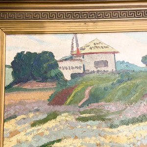 Cuadro al óleo de paisaje rural con casa, firmado B. Bravo - imagen 4