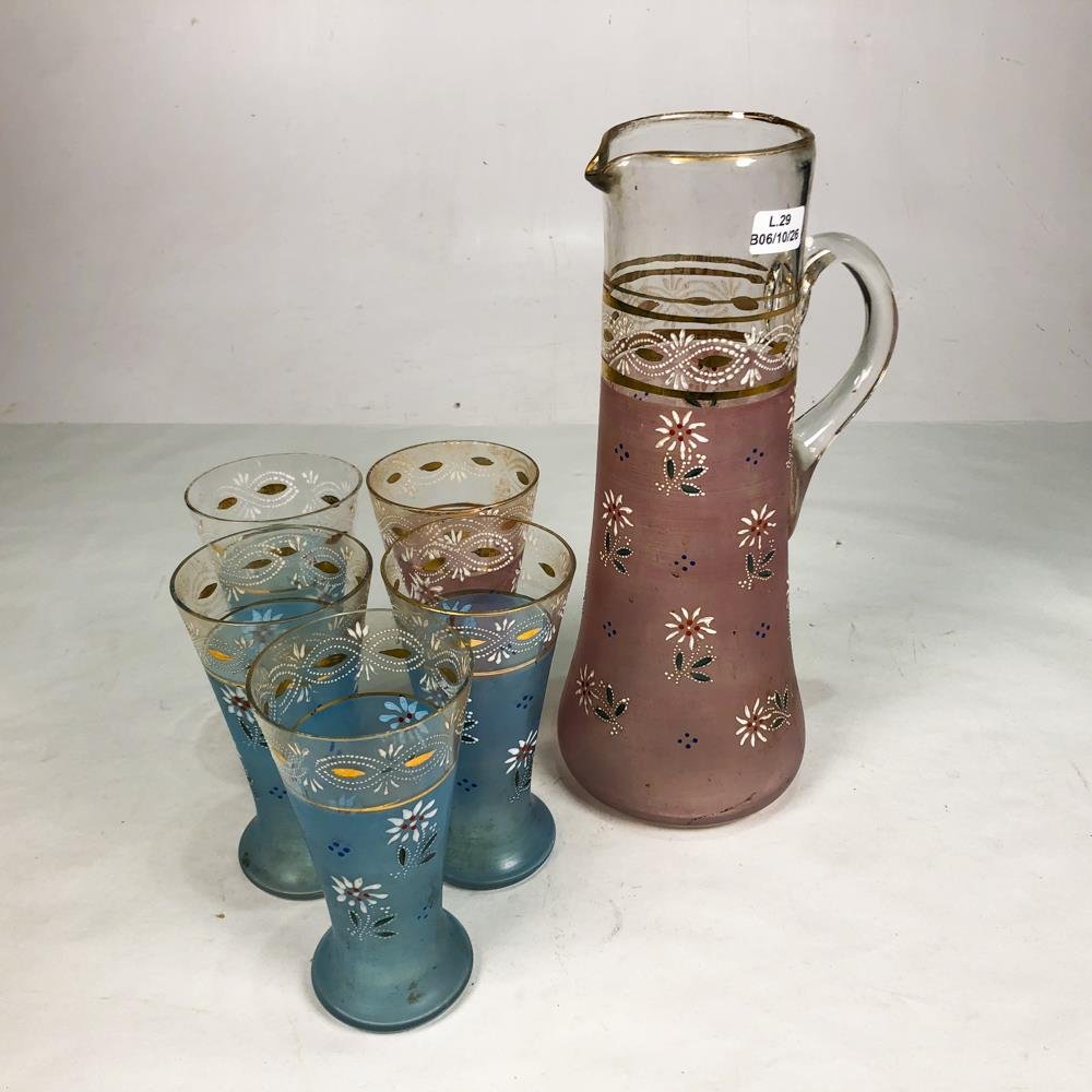 Jarra y 5 Vasos Vintage con Diseño Floral Esmerilado y Guarda Dorada