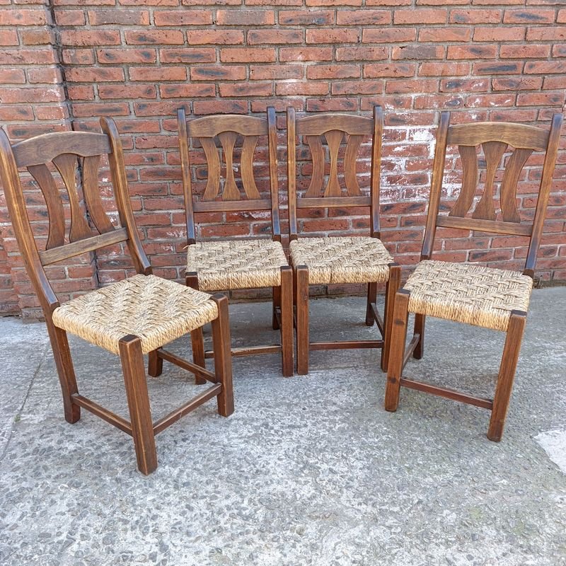 Juego de 4 Sillas de Madera Maciza con Asiento Tejido en Cardo