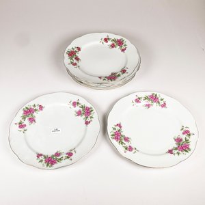 Seis Platos Llanos de Loza con Decoración Floral Rosa y Borde Dorado - imagen 2