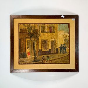 Lote anterior: Cuadro al óleo sobre tela: Escena urbana con figuras y caseríos