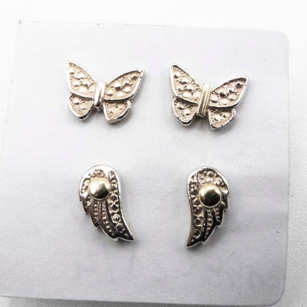 Dos Pares de Tornillos de Plata con Diseño de Mariposa y Alas