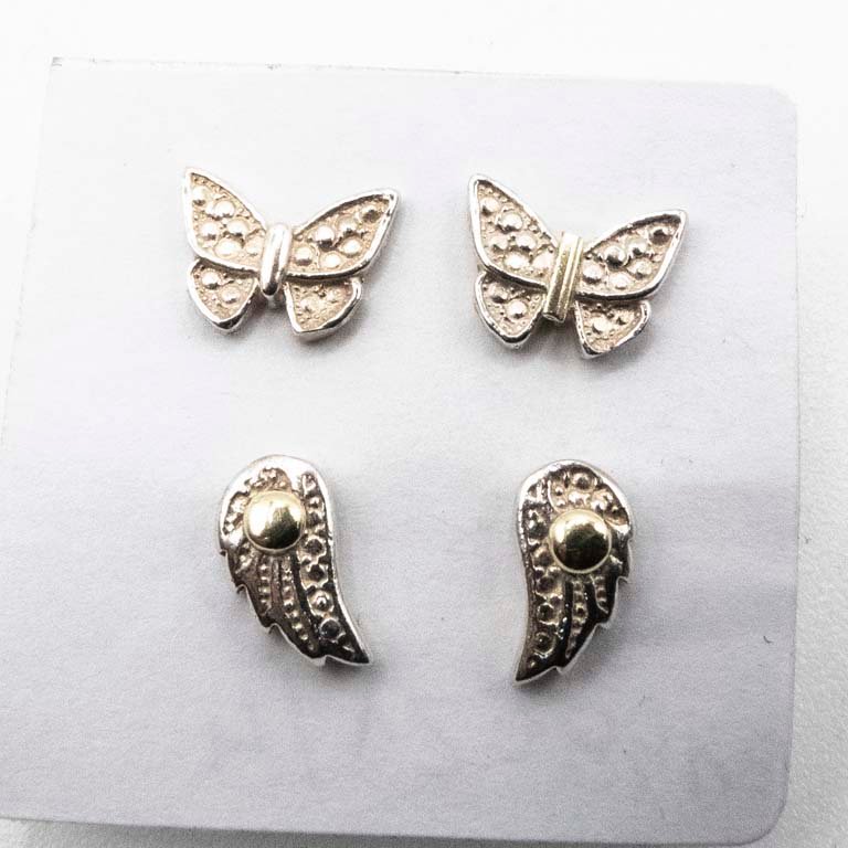 Dos Pares de Tornillos de Plata con Diseño de Mariposa y Alas