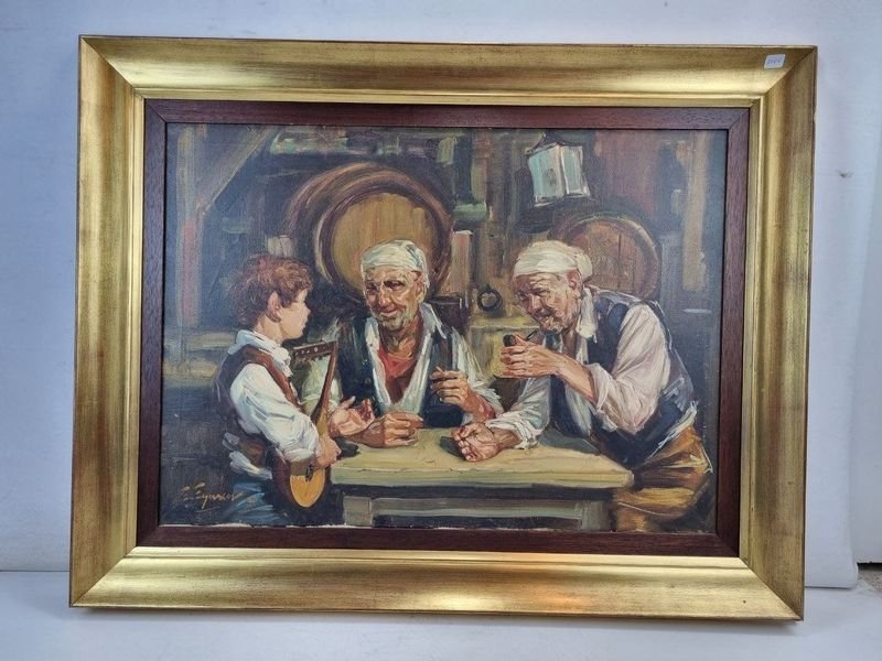 Antiguo óleo sobre tela "Escena de Taberna" por Enrique Eguren, firmado