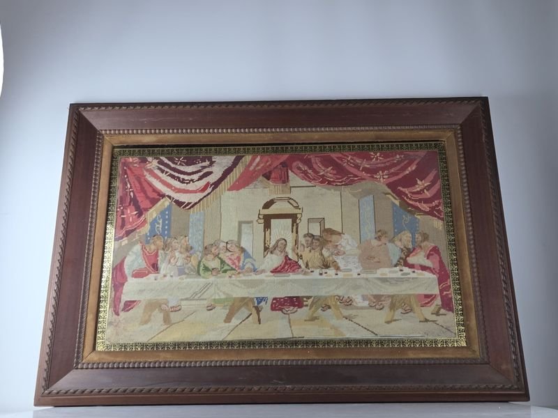 Antiguo telar con la Última Cena en marco de pinotéa - imagen 3