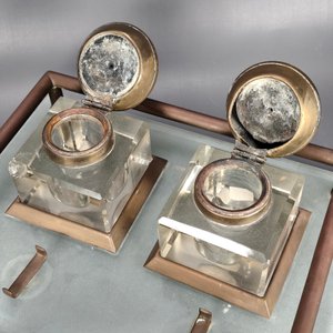 Juego de Tintero Antiguo Vidrio y Bronce con Secante - imagen 6