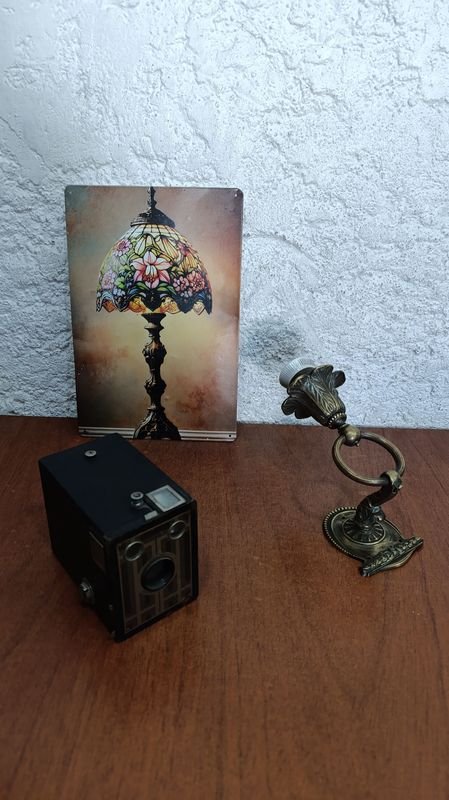 Antigua cámara de fotos con accesorios en bronce