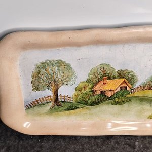 Centro de Mesa Cerámica Pintado a Mano Paisaje Rural con Firma de Autor - imagen 6