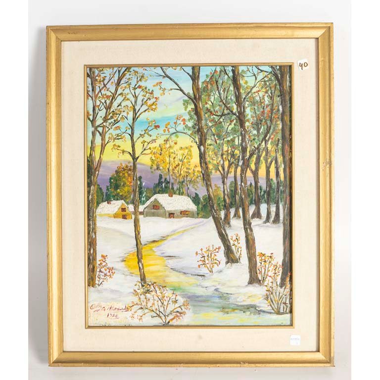 Lote anterior: Pintura de paisaje invernal con árboles y una casa en el fondo
