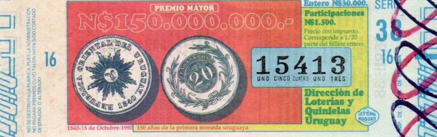 Billete de Lotería Uruguay 1990 - 150 Años Primera Moneda