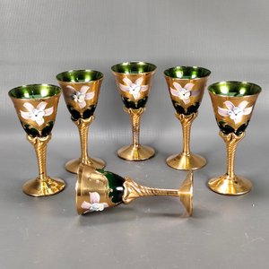 Juego de 6 Copas Estilo Veneciano Dorado y Verde con Flores - imagen 4