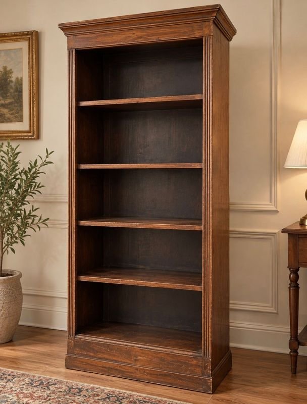 Biblioteca Antigua de Madera con Cornisa Moldurada y Estantes Abiertos