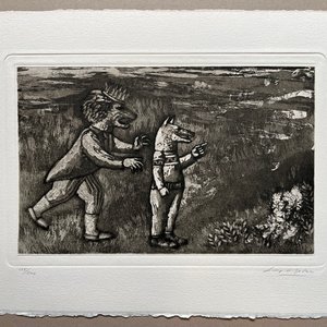 Grabado "El lobo orgulloso de su sombra y el león" de Luis Alberto Solari, 155/200 - imagen 2