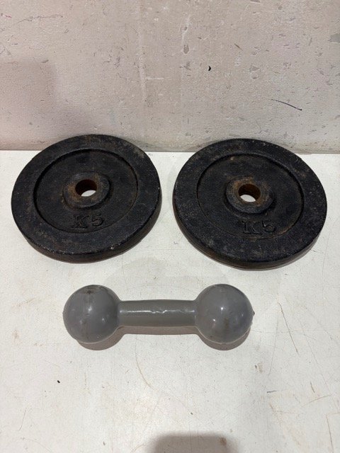 Set de Pesas: 2 Discos de 5kg y Mancuerna Gris