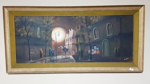 Cuadro al Óleo "Noche en la Ciudad" de M. Greew con Marco de Madera