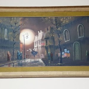 Lote siguiente: Cuadro al Óleo "Noche en la Ciudad" de M. Greew con Marco de Madera