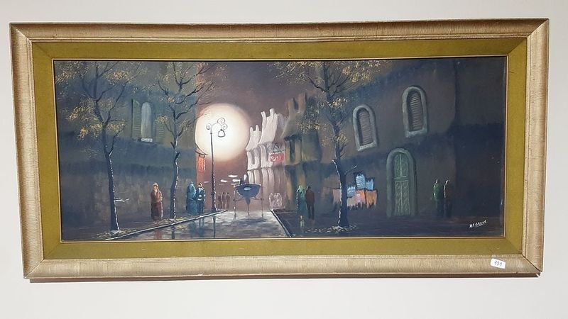 Cuadro al Óleo "Noche en la Ciudad" de M. Greew con Marco de Madera