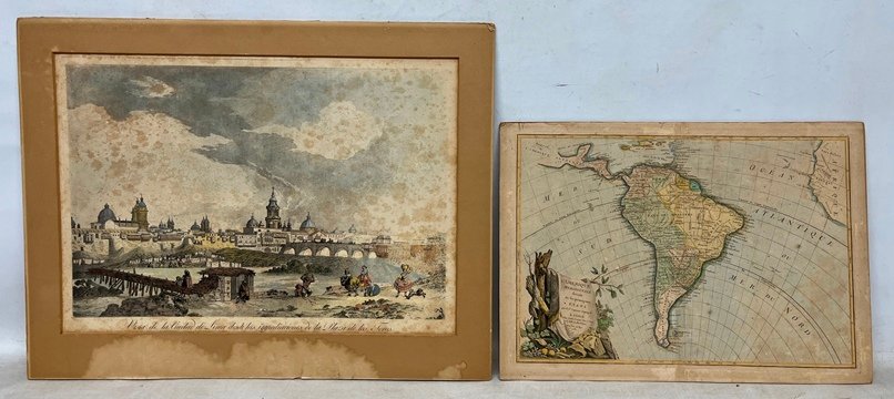 Lote siguiente: Dos grabados antiguos de la ciudad de Lima y mapa antiguo de América