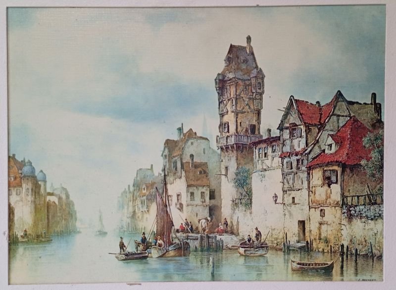 Impresión enmarcada de la ciudad europea 'View of Dordrecht Canal' - imagen 3