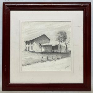 Dibujo a Lápiz "Casas" con Firma Ilegible - 29 x 29 cm - imagen 2