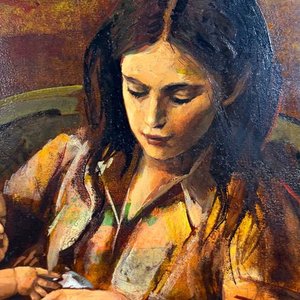 Pintura "Maternidad" de Ángel Tejera, Acrílico sobre Fibra, 60 x 74 cm - imagen 3