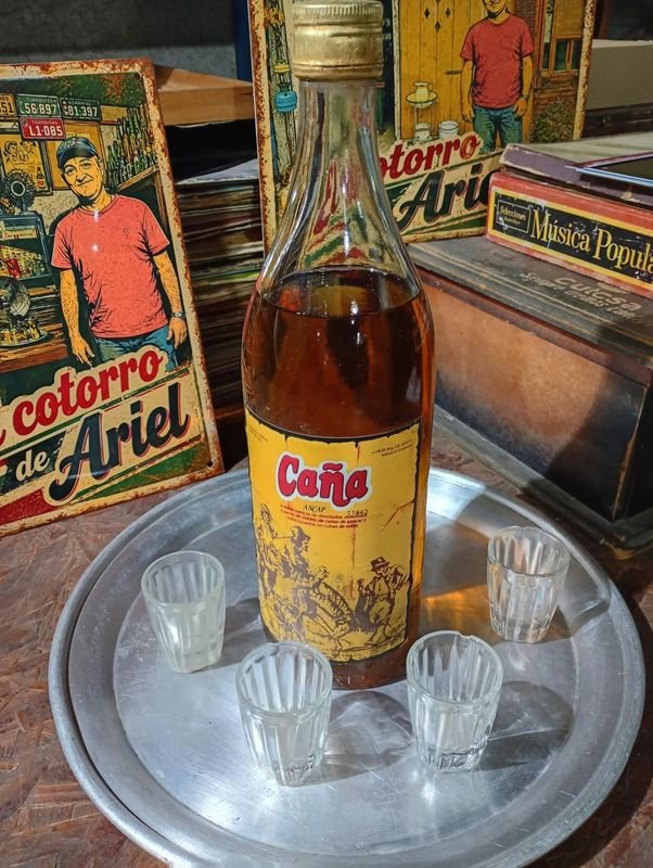 Botella de Caña Cerrada con 4 Vasos y Bandeja de Aluminio