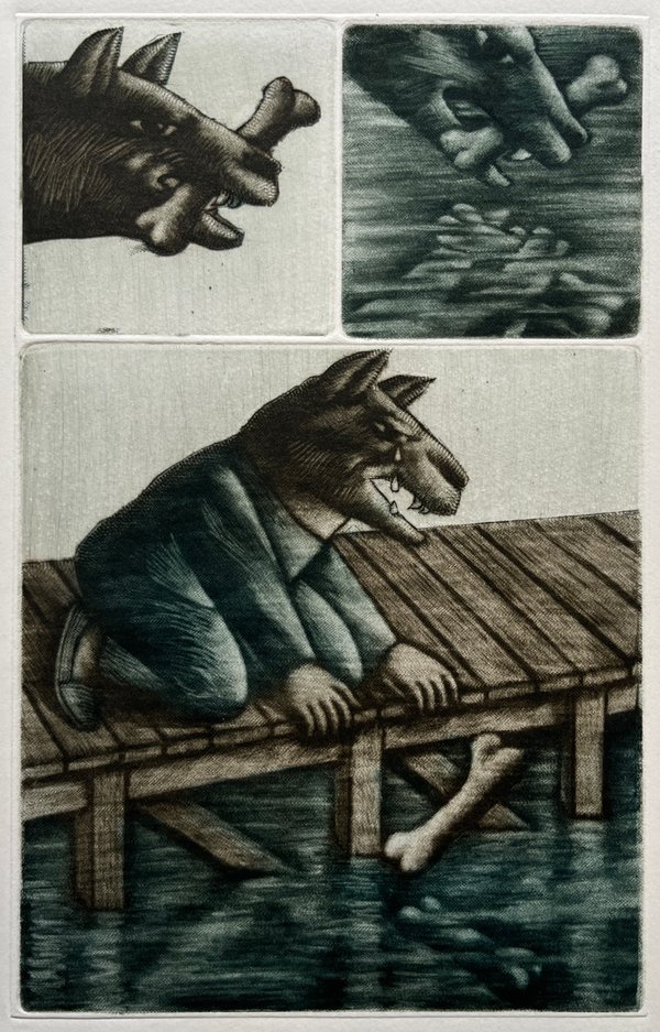 Grabado "El Perro y la Sombra" de Luis Alberto Solari, 155/200 - imagen 1