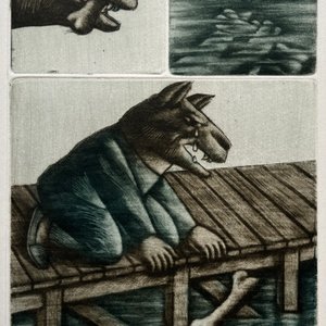 Grabado "El Perro y la Sombra" de Luis Alberto Solari, 155/200 - imagen 1