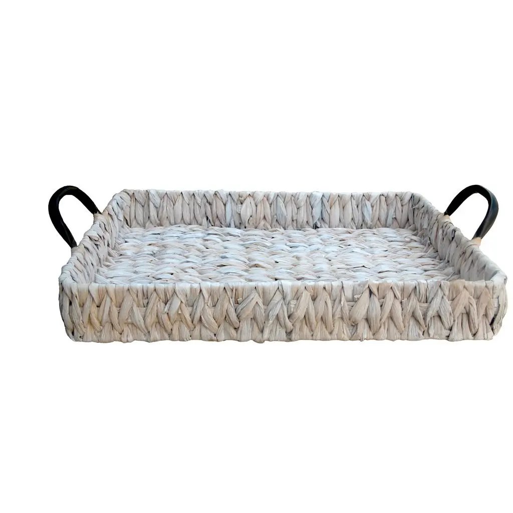 Bandeja Rectangular de Rattan con Asas Blancas