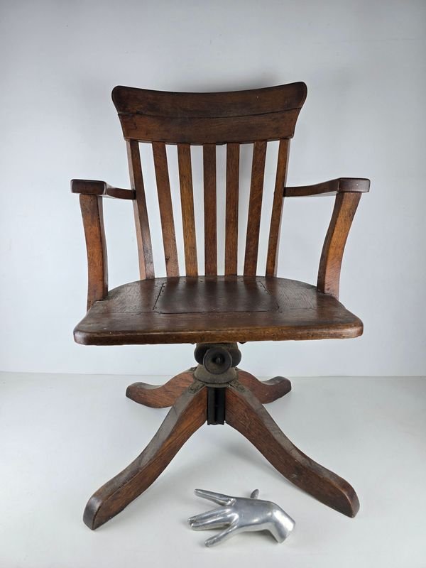 Sillón de Escritorio Antiguo de Roble con Mecanismo Giratorio