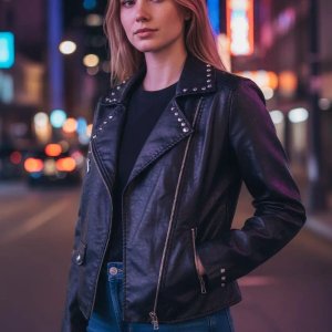 Campera Biker ChouYatou Mujer Negra Ecocuero Talle M con Tachas - imagen 2