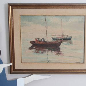 Aldo Curto: Óleo sobre Fibra de Barcas en el Mar con Marco Dorado - imagen 5
