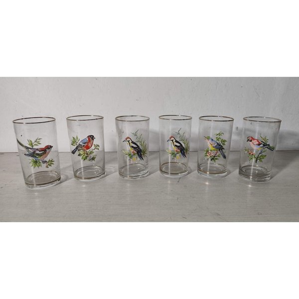 Set de 6 Vasos con Motivo de Aves y Borde Dorado