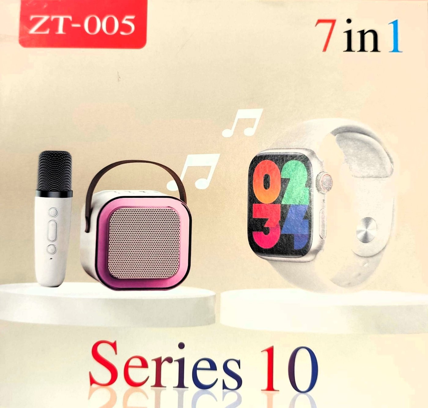 Conjunto de dispositivos digitales con smartwatch, parlante Bluetooth y micrófono - imagen 2