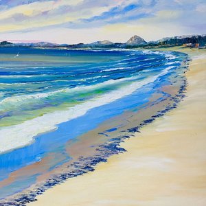 Cuadro al óleo sobre tela: Playa con marco de madera, firmado por A. Luz - imagen 5