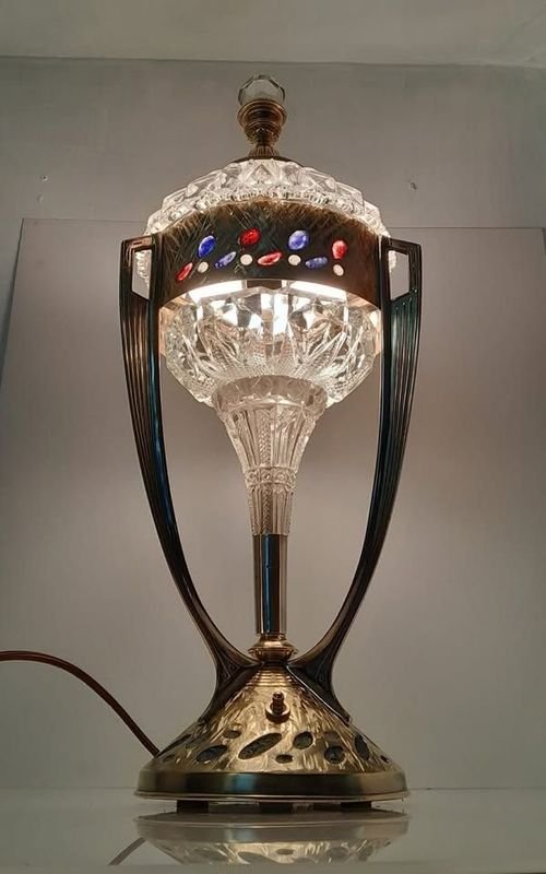 Lámpara Art Deco Antigua con Cristal Facetado y Bronce - imagen 2