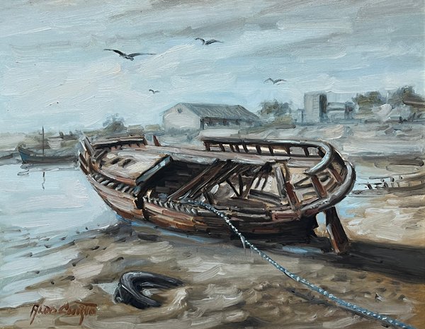 Oleo "Bote en la Playa" de Aldo Curto, 40 x 50 cm - imagen 1