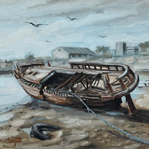 Oleo "Bote en la Playa" de Aldo Curto, 40 x 50 cm - imagen 1