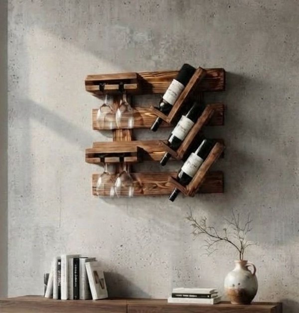 Estante de Madera para Pared con Soporte para Copas y Botellas de Vino - imagen 1