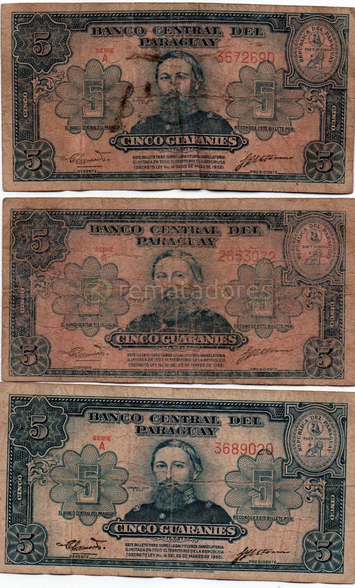 Billetes de 5 Guaraníes de Paraguay (Serie B, 1957)