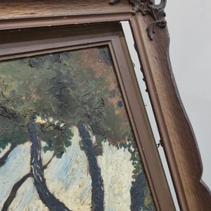 Oleo sobre Lienzo: Paisaje con Árboles y Mar, Firmado J. Hernández, Marco Tallado - imagen 8