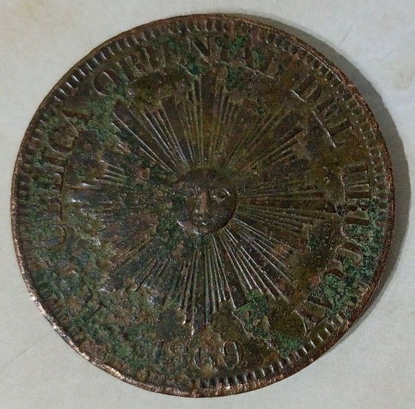 Moneda de Cobre 4 Centésimos Uruguay 1869 Sol de Mayo