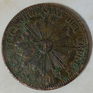 Moneda de Cobre 4 Centésimos Uruguay 1869 Sol de Mayo - imagen 1