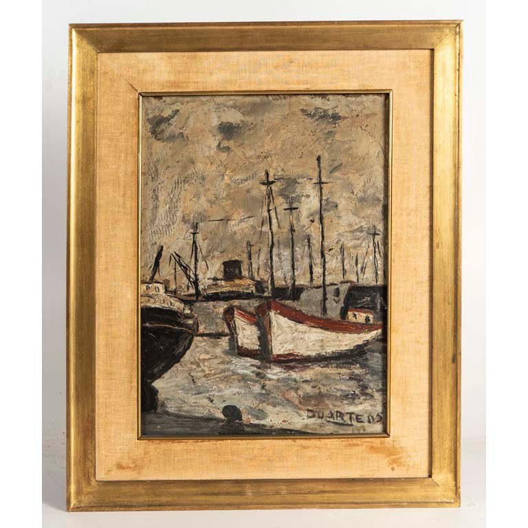 Óleo "Embarcaciones" de Duarte - Pintura de barcos en el agua