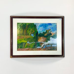 Cuadro Acuarela Paisaje Campestre con Cascada Firmado "Dalma" - imagen 2
