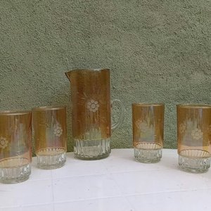 Juego de Jarra y 6 Vasos de Vidrio Tallado Antiguo - imagen 3