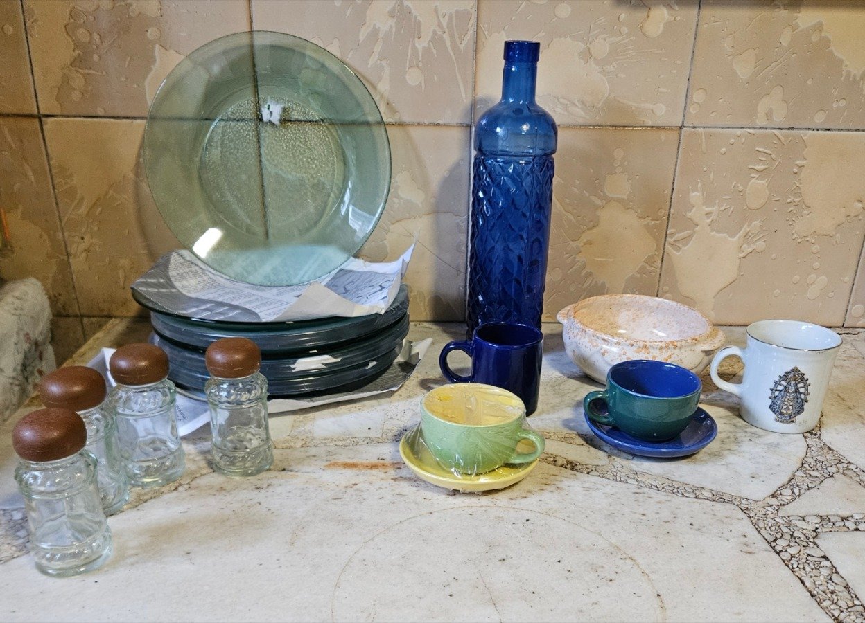 Lote de Vajilla: Platos de Vidrio, Tazas, Condimenteros y Botella Decorativa
