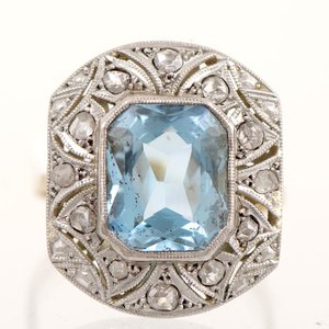 Anillo Oro 18k con Piedra Celeste y Diamantes Talla Octogonal - imagen 1