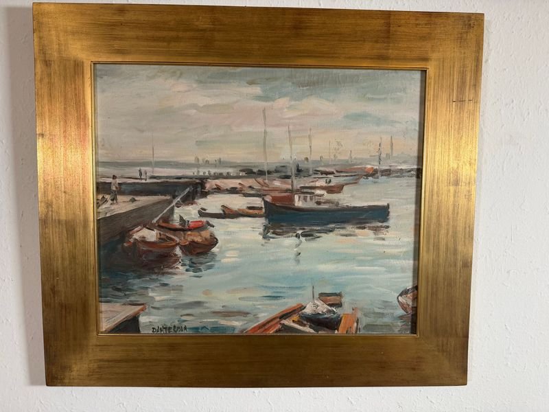 Óleo de Dante Cola: Puerto con Embarcaciones